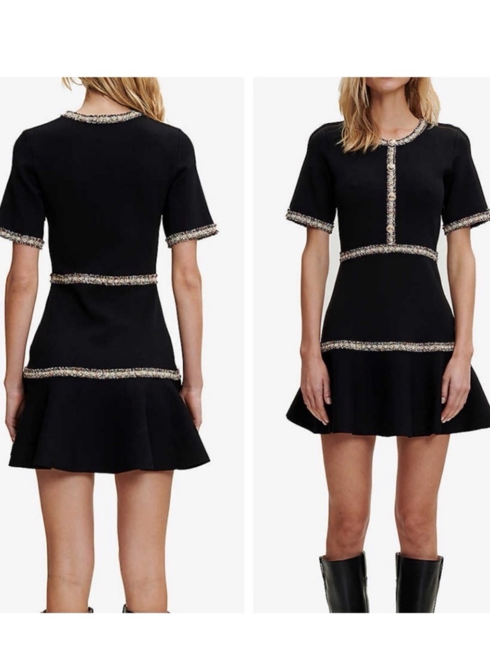 Maje Black Short-Sleeve Mini Dress with Rongalon Tweed Trim Detailing 34 /XXS-XS